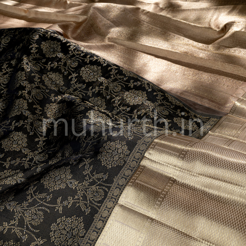 Kanjivaram Black Silk Saree with Tussar White