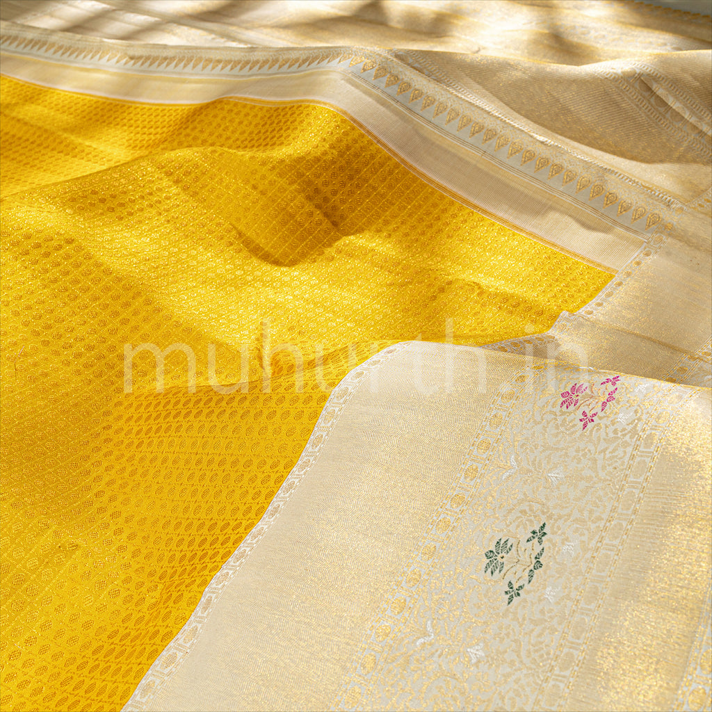 Kanjivaram Golden Mustard Silk Saree with Tussar White