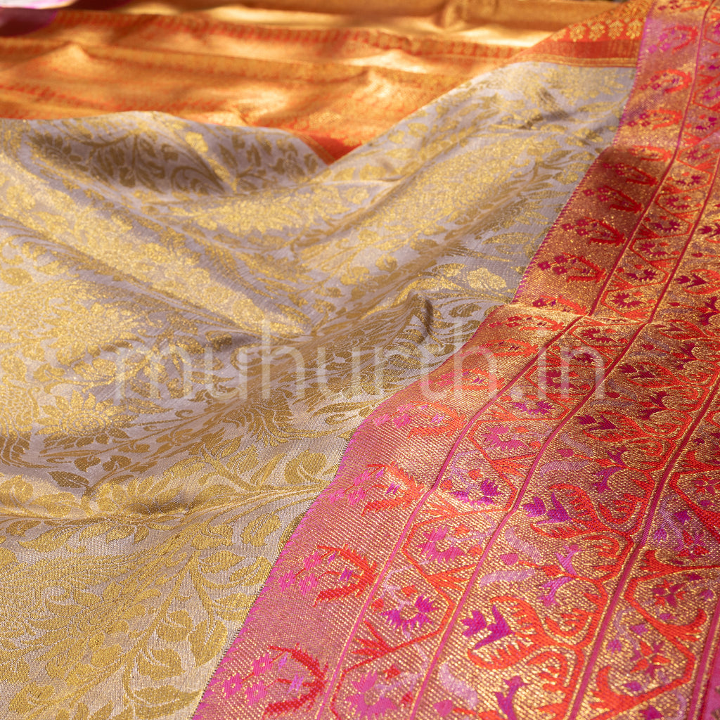 Off-White Tissue Kanjivaram Silk Saree with Pink