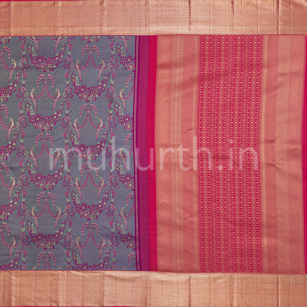 Mauve and Magenta Kanjivaram Silk Saree with Peach