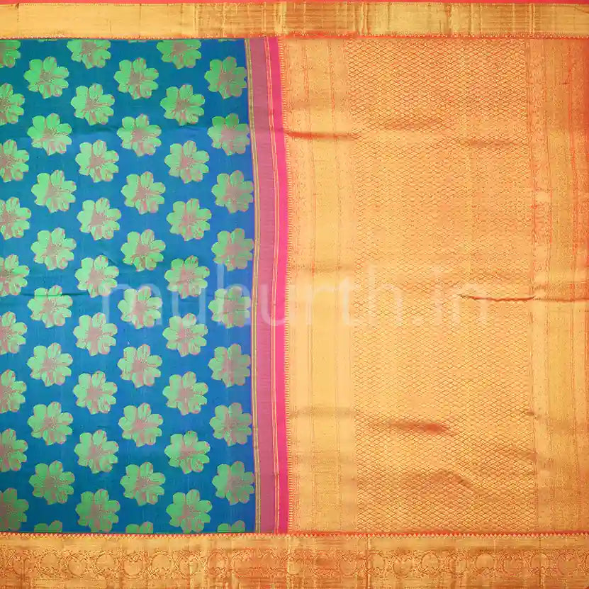 Kanjivaram Blue Green Silk Saree with Peach Orange