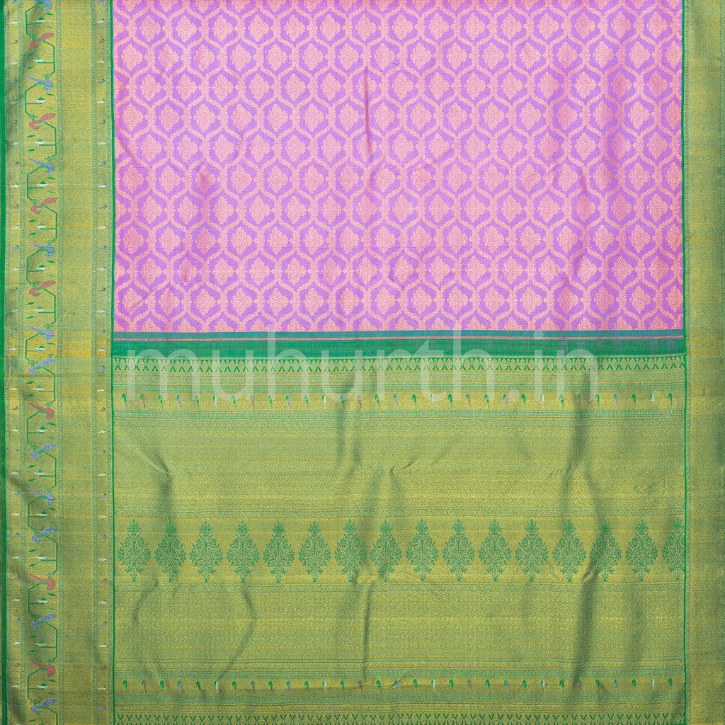 Lilac Kanjivaram Silk Saree with Meenakari on Green