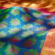 Load image into Gallery viewer, Kanjivaram Blue Green Silk Saree with Peach Orange