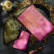 Load image into Gallery viewer, Kanjivaram Green Meenakari Silk Saree with Light Pink