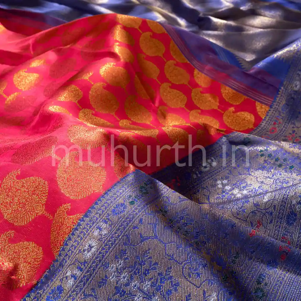 Rose Red Meenakari Kanjivaram Silk Saree with Violet