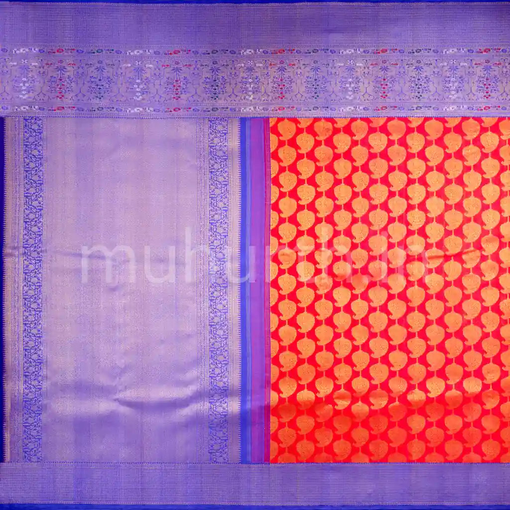 Rose Red Meenakari Kanjivaram Silk Saree with Violet