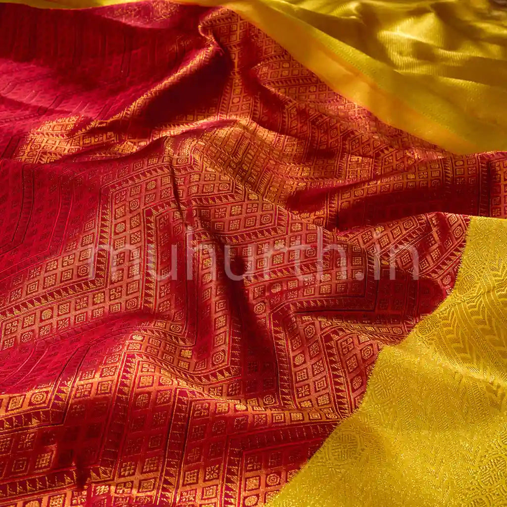 Red Kanjivaram Silk Saree with Golden Mustard