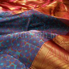 Load image into Gallery viewer, Kanjivaram Floral Stone Blue Shade Silk Saree with Pink