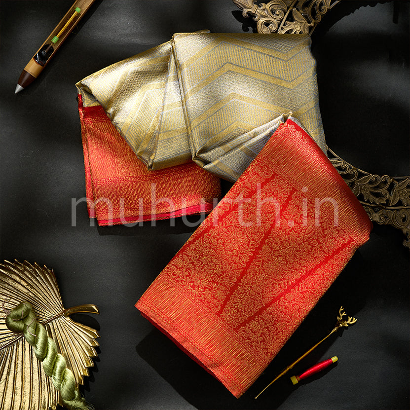 Kanjivaram Powder Blue Tissue Silk saree with Red