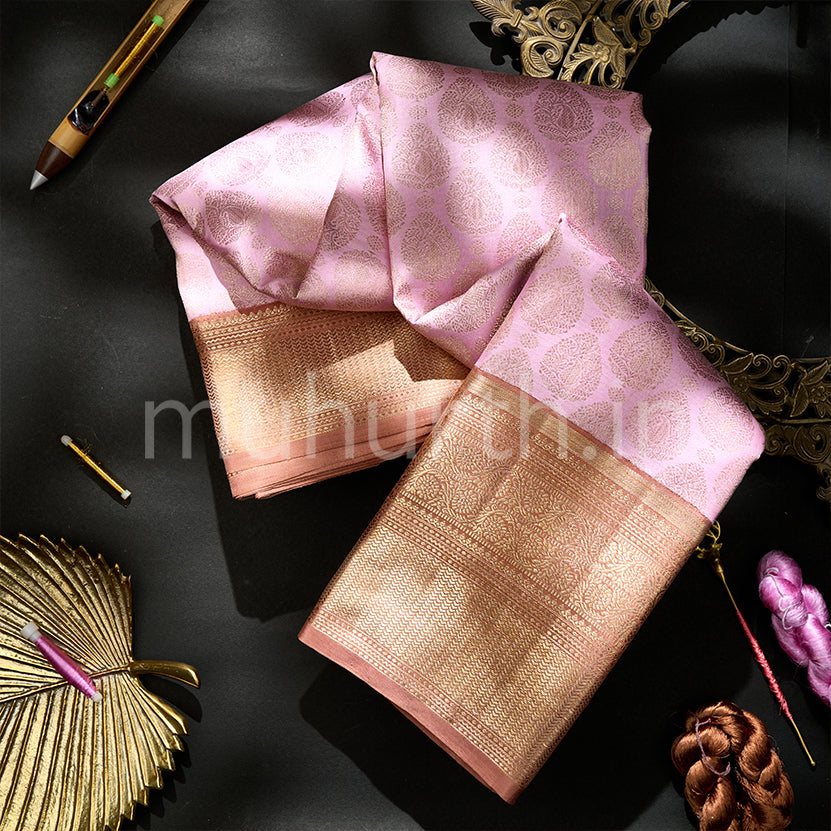 Kanjivaram Light Pink Silk Saree with Brown