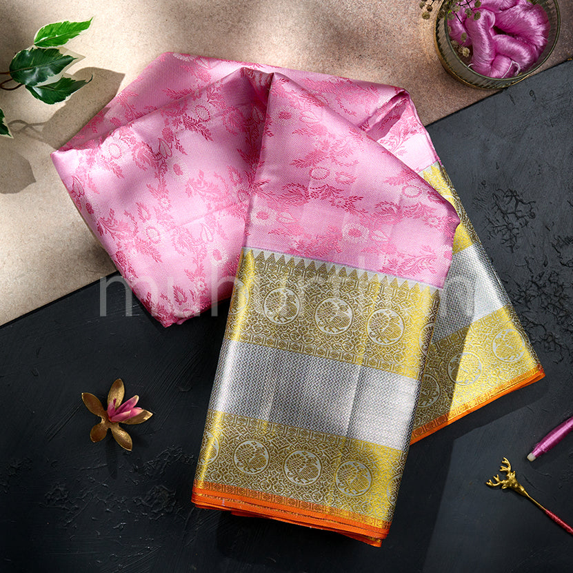 Kanjivaram Light Pink Silk Saree with Silver Grey