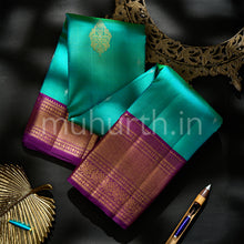 Load image into Gallery viewer, Kanjivaram Rama Blue Silk Saree with Meenakshi Purple