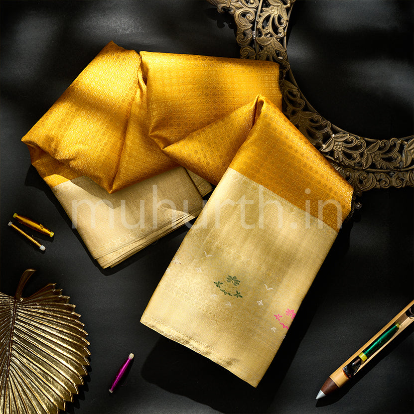 Kanjivaram Golden Mustard Silk Saree With Tussar White