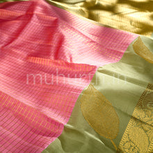 Load image into Gallery viewer, Kanjivaram Peach Pink Silk Saree with Elaichi Green