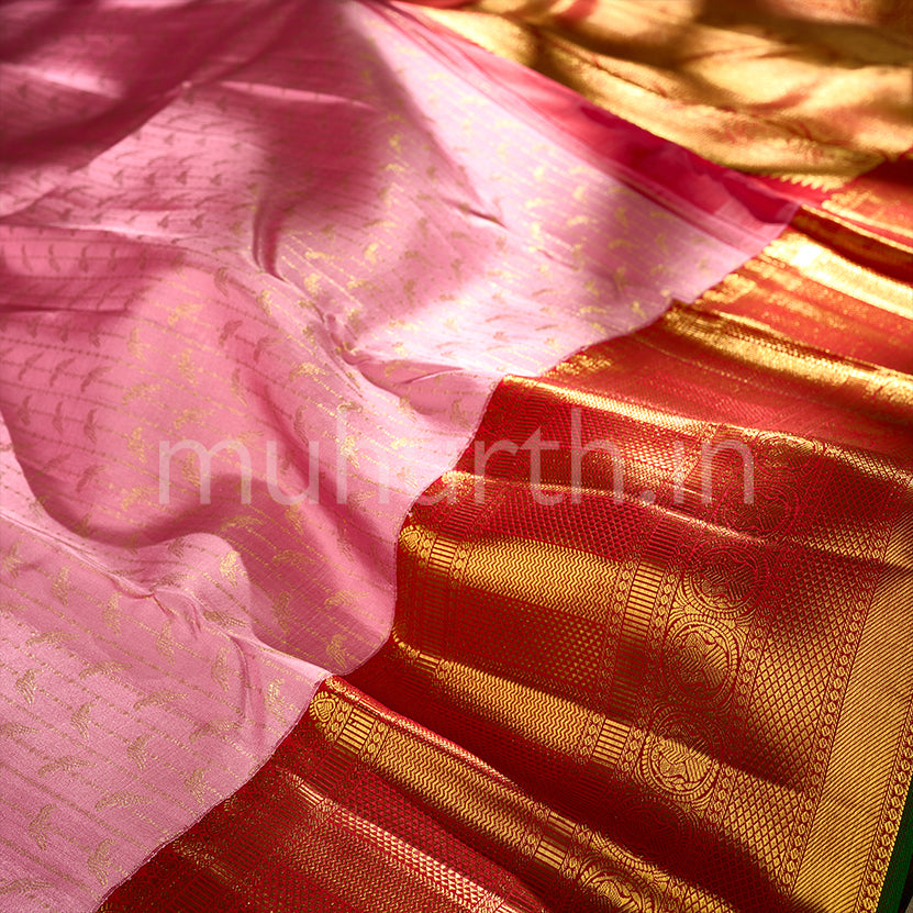 Kanjivaram Fresh Pink Silk Saree with Red