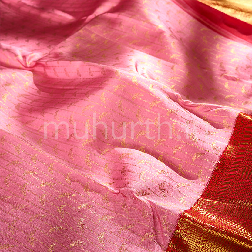 Kanjivaram Fresh Pink Silk Saree with Red