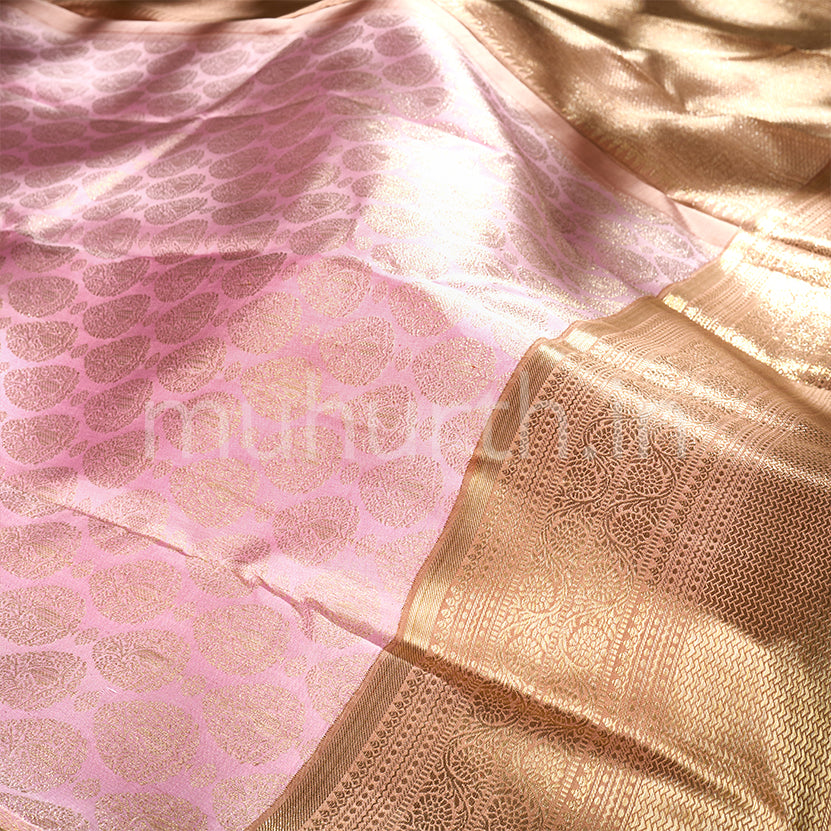 Kanjivaram Light Pink Silk Saree with Brown