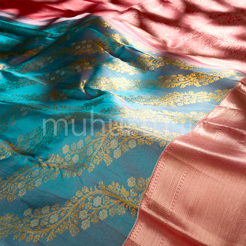 Kanjivaram Grey Blue Silk Saree with Pink