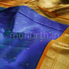 Load image into Gallery viewer, Blue Mayil Kazhuthu Blue Pure Zari Kanjivaram Silk Saree with Mango Yellow