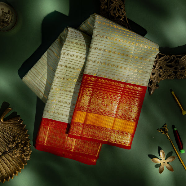 Elaichi Green Silk Saree with Bright Red