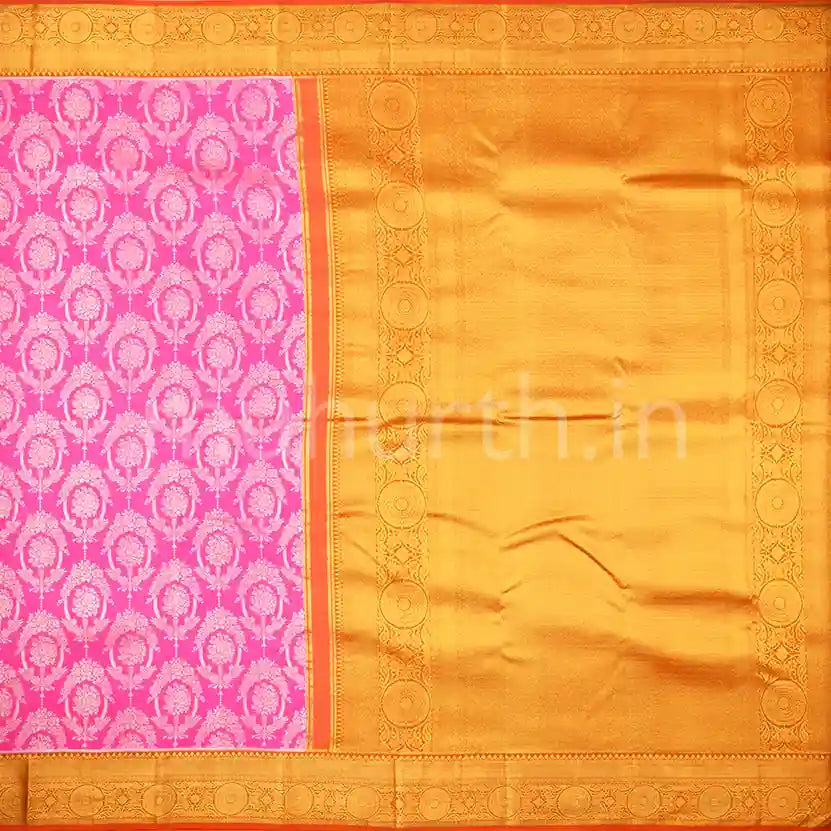 Kanjivaram Bright Pink Silk Saree with Orange