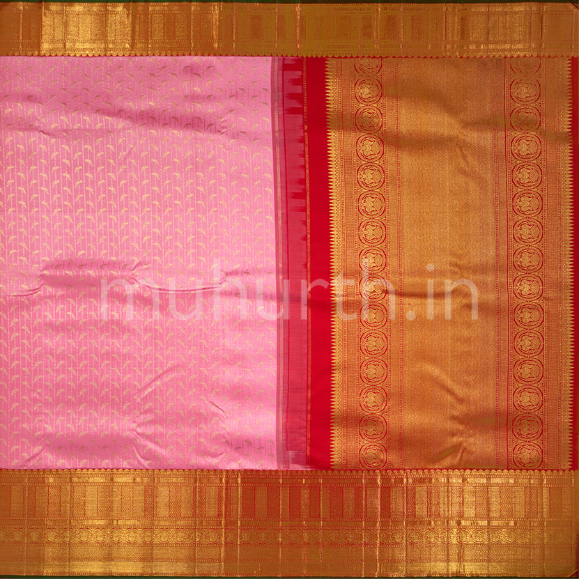 Kanjivaram Fresh Pink Silk Saree with Red