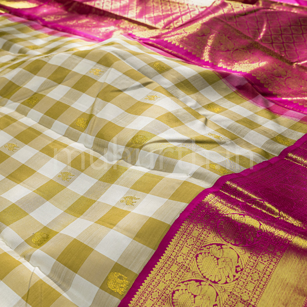 Brown and Off-White Checks Kanjivaram Silk Saree with Pink