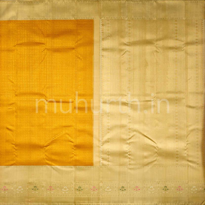 Kanjivaram Golden Mustard Silk Saree With Tussar White