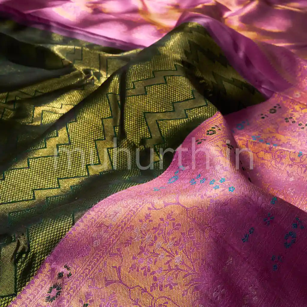 Kanjivaram Green Meenakari Silk Saree with Light Pink