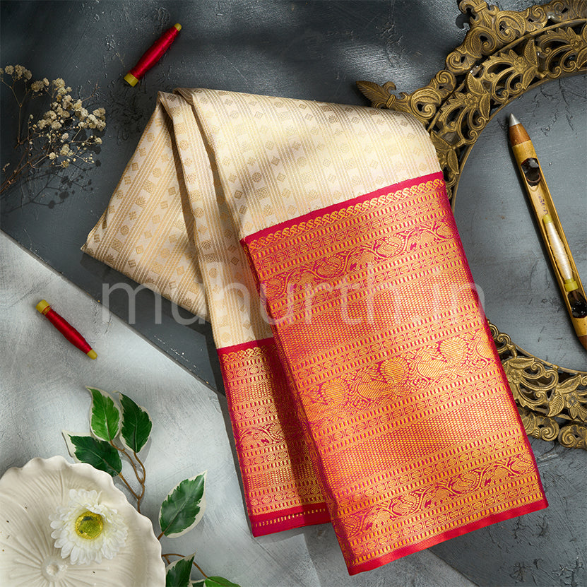 Kanjivaram Off-White Silk Saree with Rose