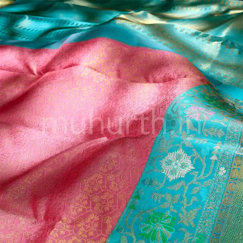 Kanjivaram Pink Meenakari Silk Saree with Ananda Blue