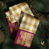 Brown and Off-White Checks Kanjivaram Silk Saree with Pink