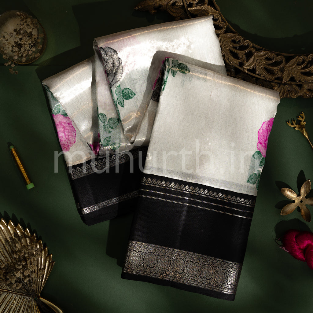 Off-White Silver Tissue Kanjivaram Silk Saree with Black