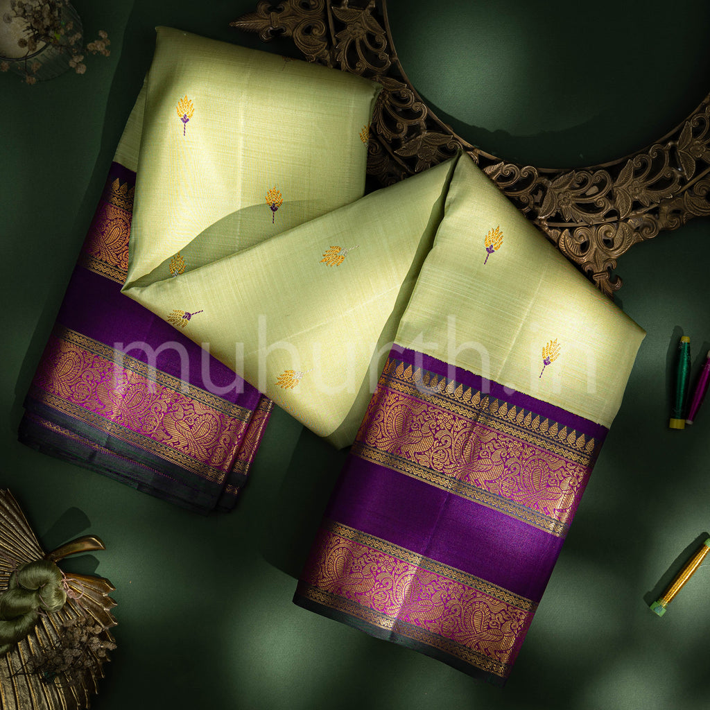 Kanjivaram Elaichi Green Silk Saree with Magenta