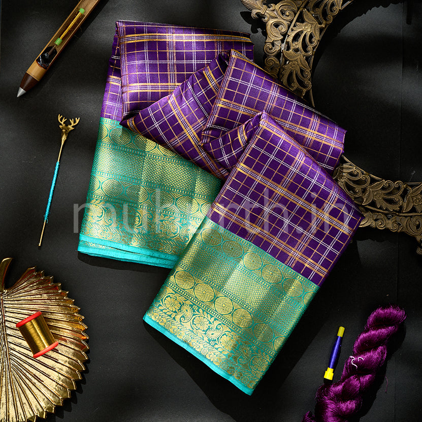 Kanjivaram Meenakshi Violet Silk Saree with Tiratchai Green