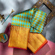 Load image into Gallery viewer, Kanjivaram Ananda Blue &amp; Mustard Silk Saree with Light Orange