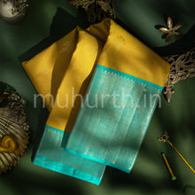 Load image into Gallery viewer, Golden Mustard Kanjivaram Silk Saree with Ananda Blue