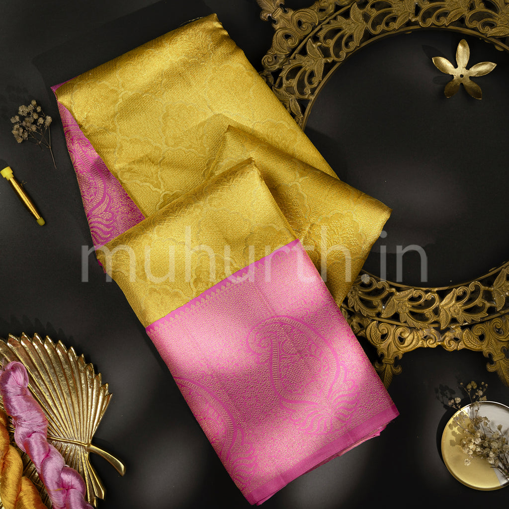Kanjivaram Golden Tissue Silk Saree with Pink