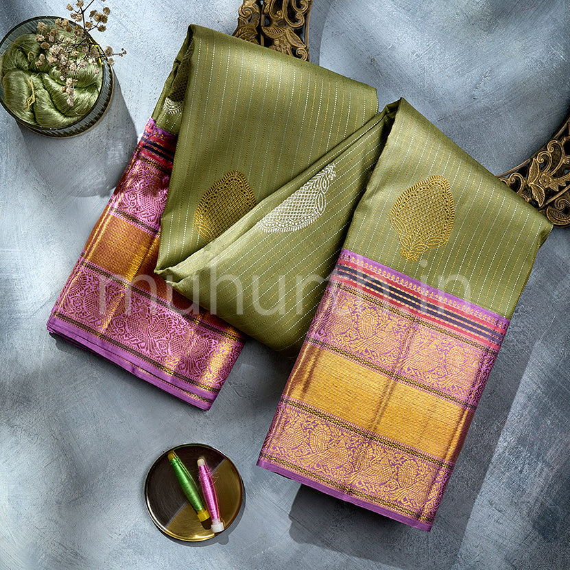 Kanjivaram Elaichi Green Silk Saree with Lavender