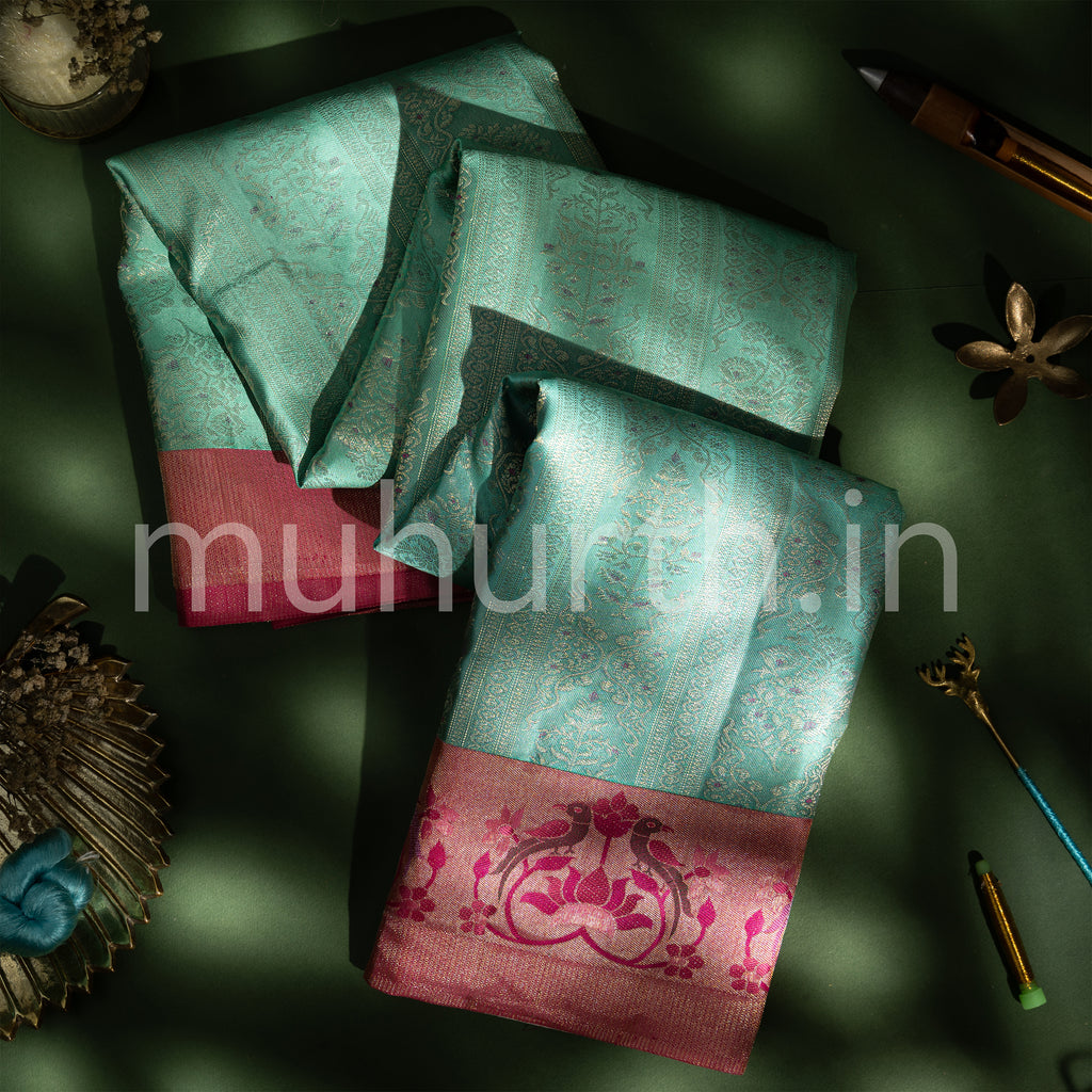 Sea Green Kanjivaram Silk Saree with Pink