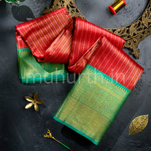 Load image into Gallery viewer, Kanjivaram Bright Red Silk Saree with Light Green