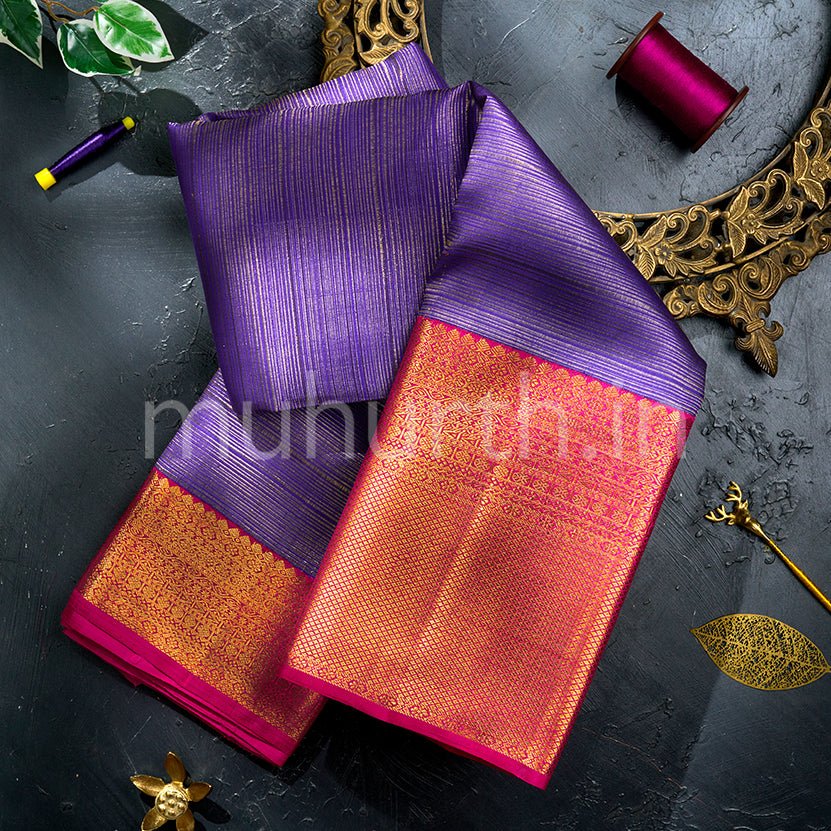 Banarasee Cotton Silk Floral Silver Zari Work Saree-Violet