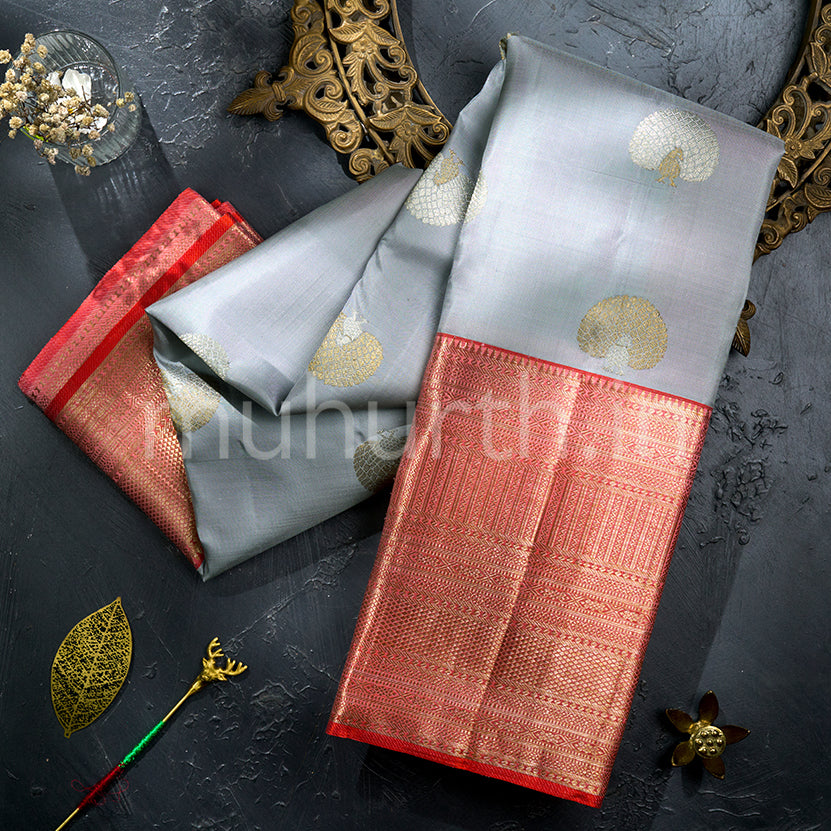 Kanjivaram Silver Grey Silk Saree with Peach