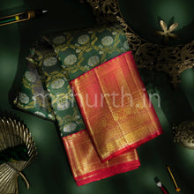 Load image into Gallery viewer, Green Kanjivaram Silk Saree with Red