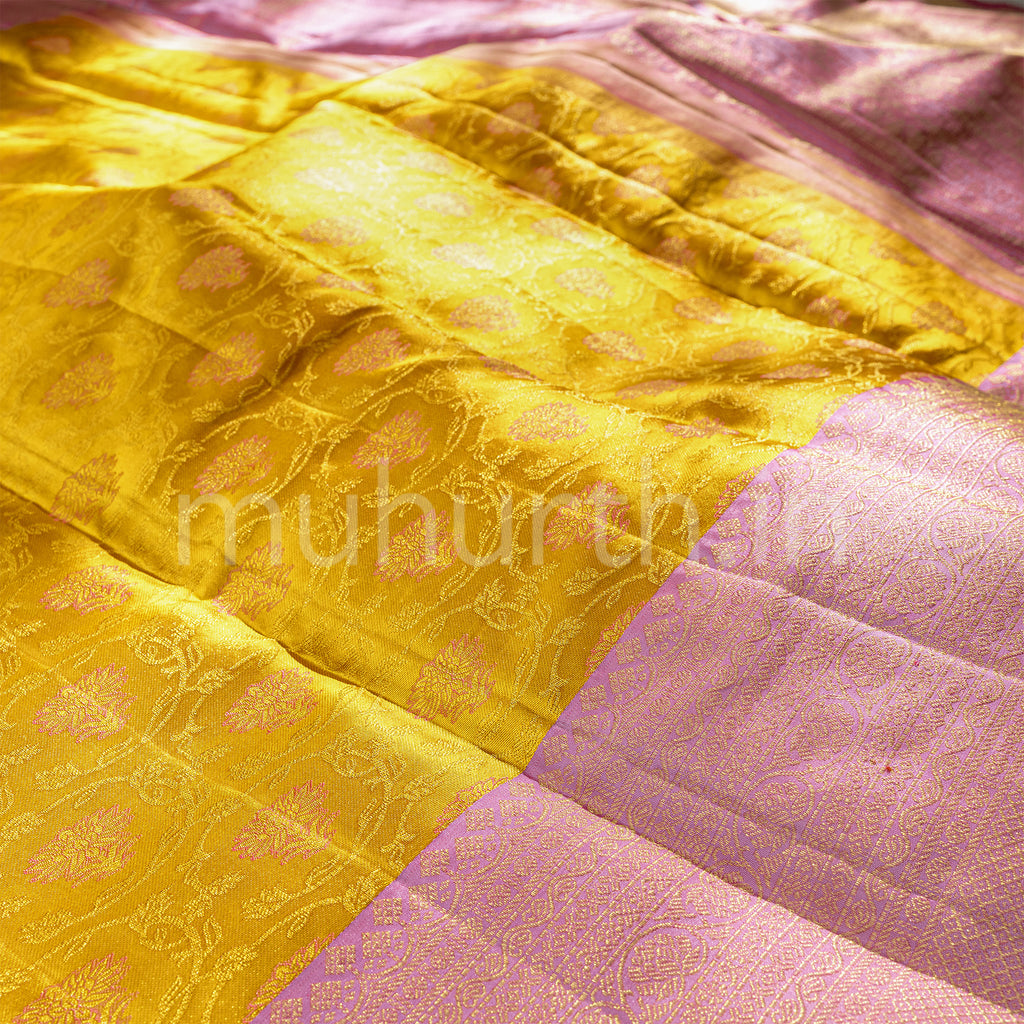 Golden Mustard Kanjivaram Silk Saree with Lavender