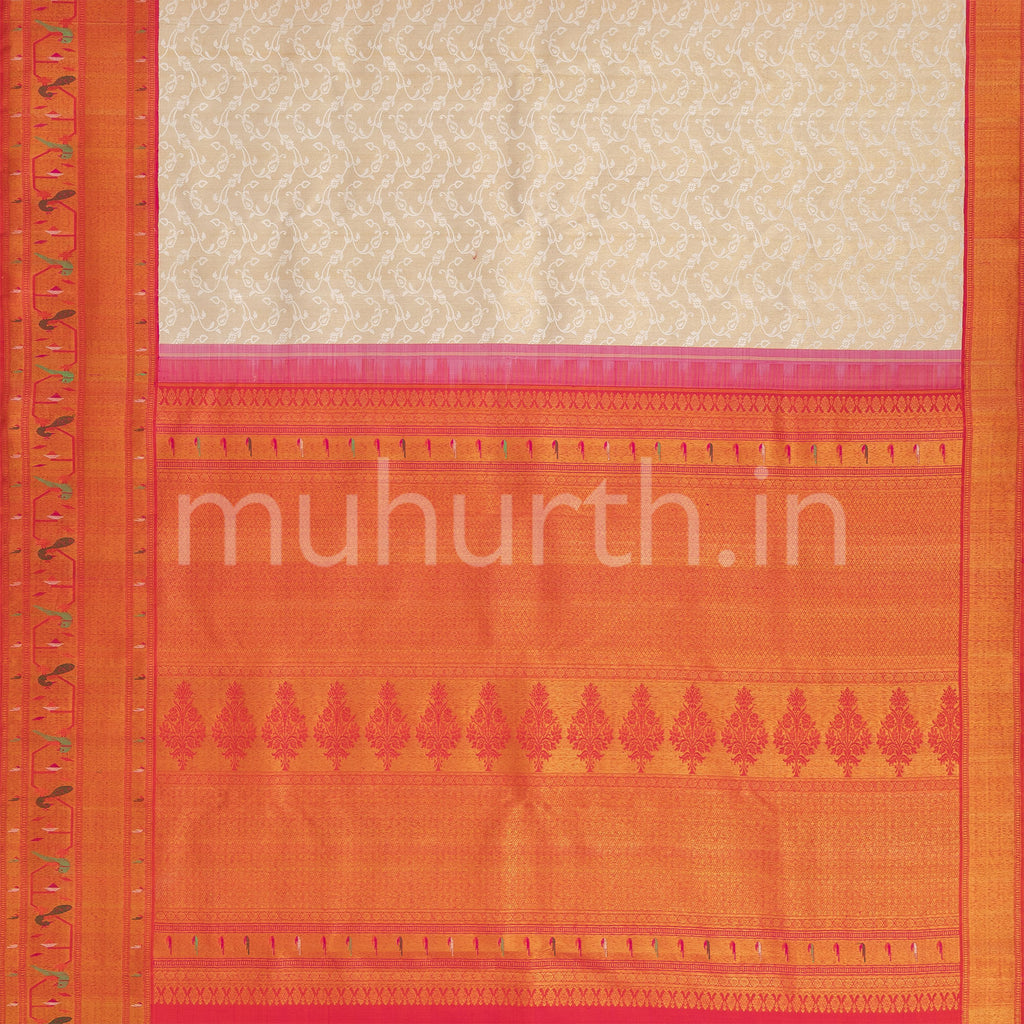 Off-White Kanjivaram Silk Saree with Red Shot Rose