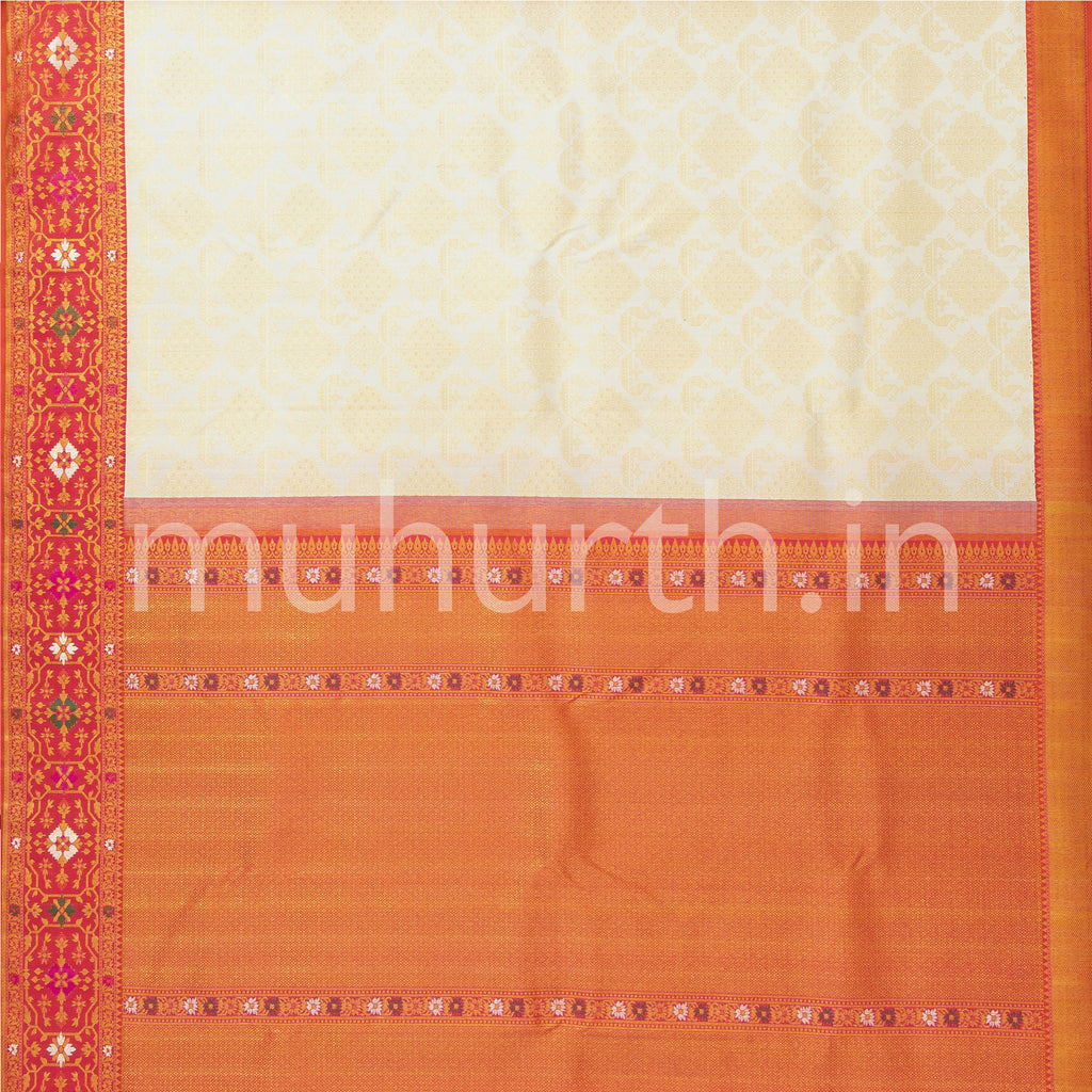 Off-White Kanjivaram Silk Saree with Coral Pink