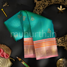 Load image into Gallery viewer, Kanjivaram Sea Green Silk Saree with Bright Pink
