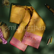 Load image into Gallery viewer, Kanjivaram Sampanga Mustard Silk Saree with Pink