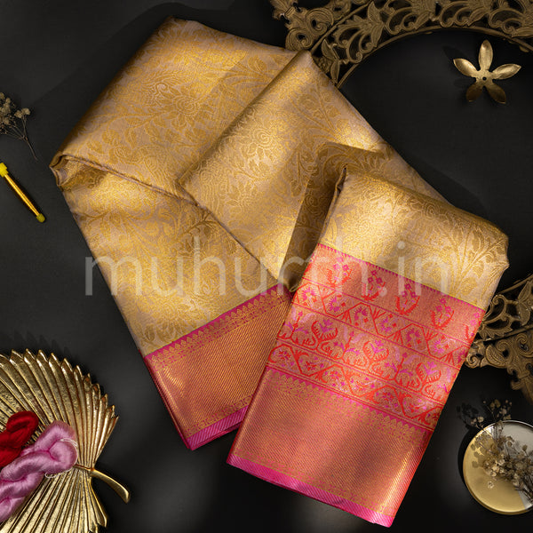 Off-White Tissue Kanjivaram Silk Saree with Pink